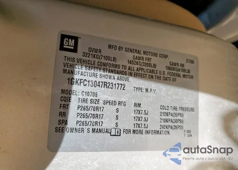 2007 GMC Yukon z USA, uszkodzony, nr VIN 1GKFC13047R231772